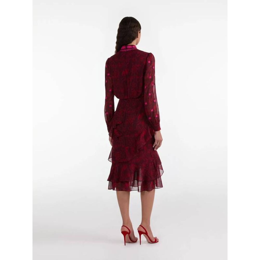 Saloni Isa Ruffle Silk Midi Dress in Astilbe Burgundy Embroidery 10 - Picture 3 of 3